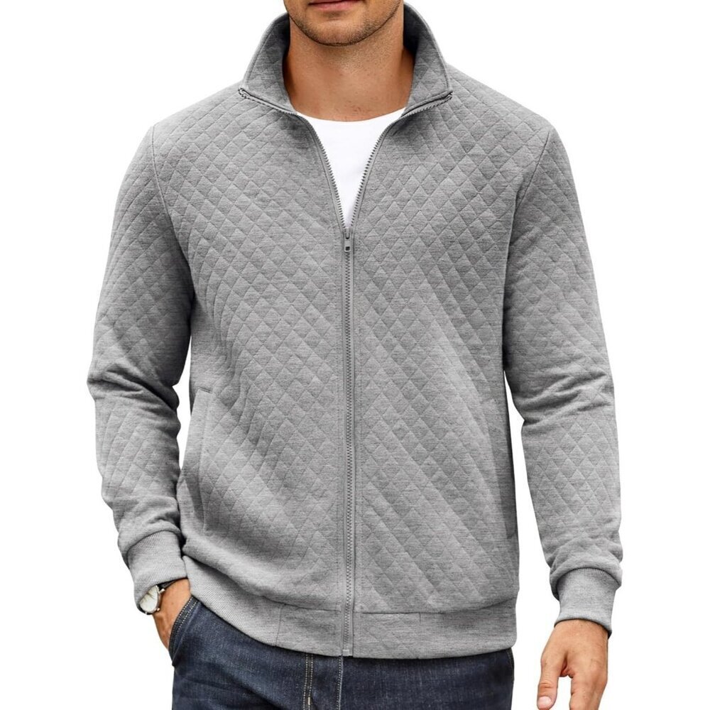 COOFANDY Men  Light Grey Zip Up Mock Neck Quilted Lightweight Sweater Jacket